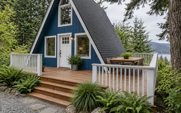 Cedar deck with white vertical railing and a small wood table beside a cobalt-blue chalet wall.