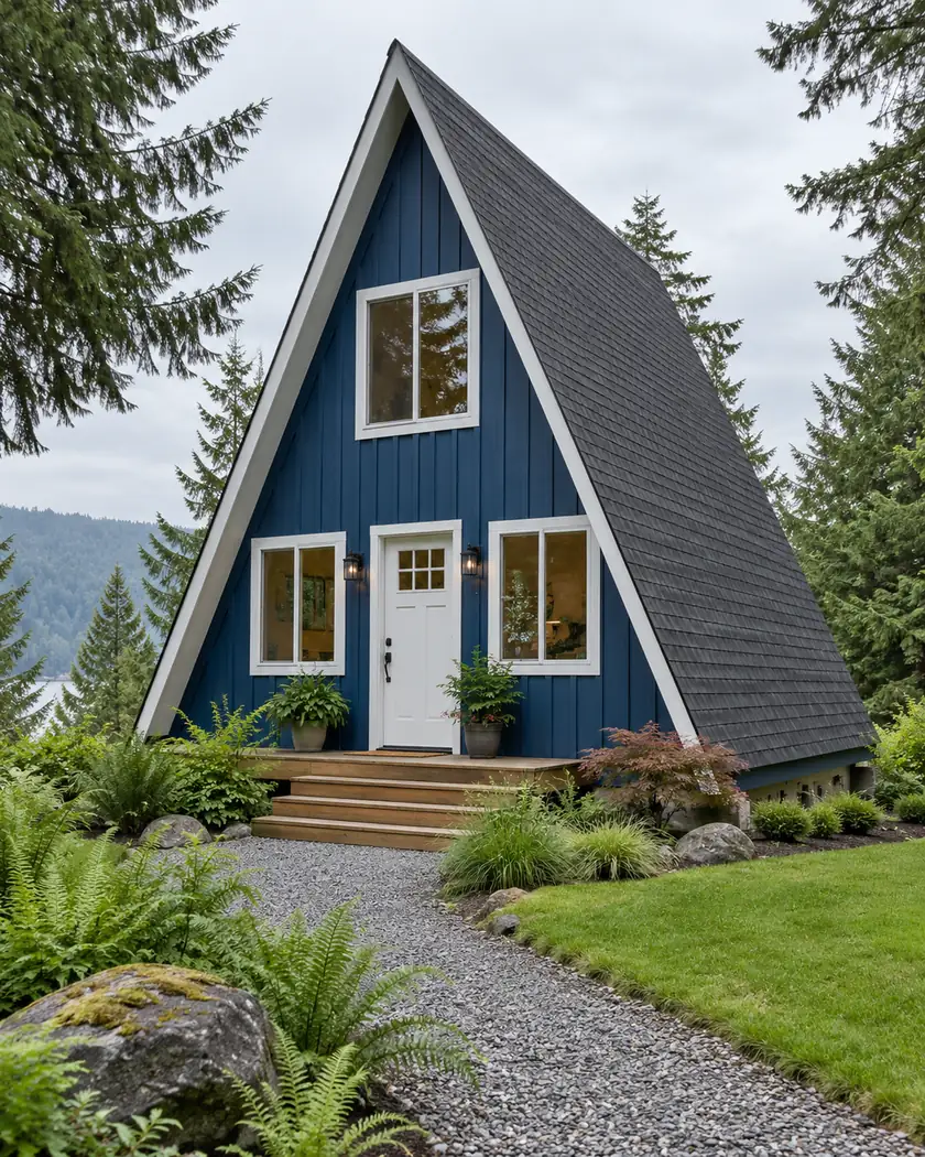 Cobalt-blue chalet with a steep charcoal triangular roof, white window frames and a gravel garden path.
