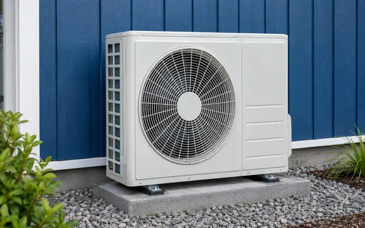 White outdoor heat pump on a level pad beside a cobalt-blue vertical-board wall.