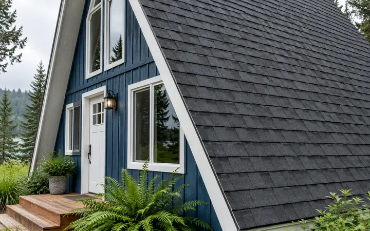 Steep charcoal shingle roof slope with white edge trim above a cobalt-blue chalet wall.