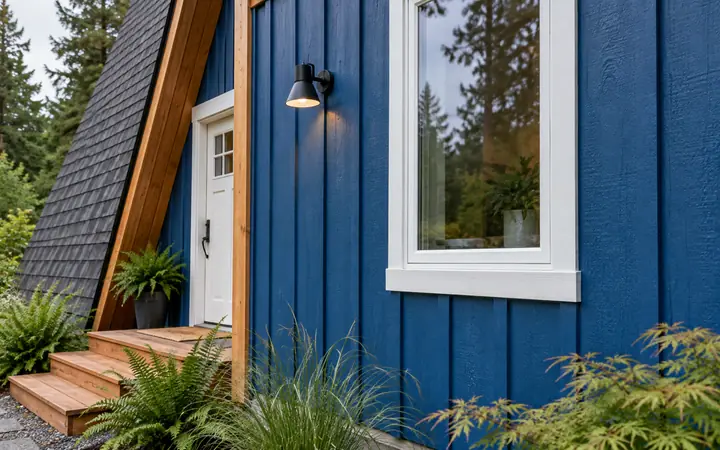 Cobalt-blue vertical cladding beside a white window frame, black wall lamp and cedar trim.