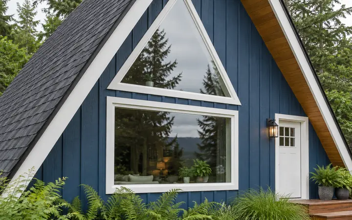 White-framed triangular and rectangular windows in the blue front wall of a chalet.