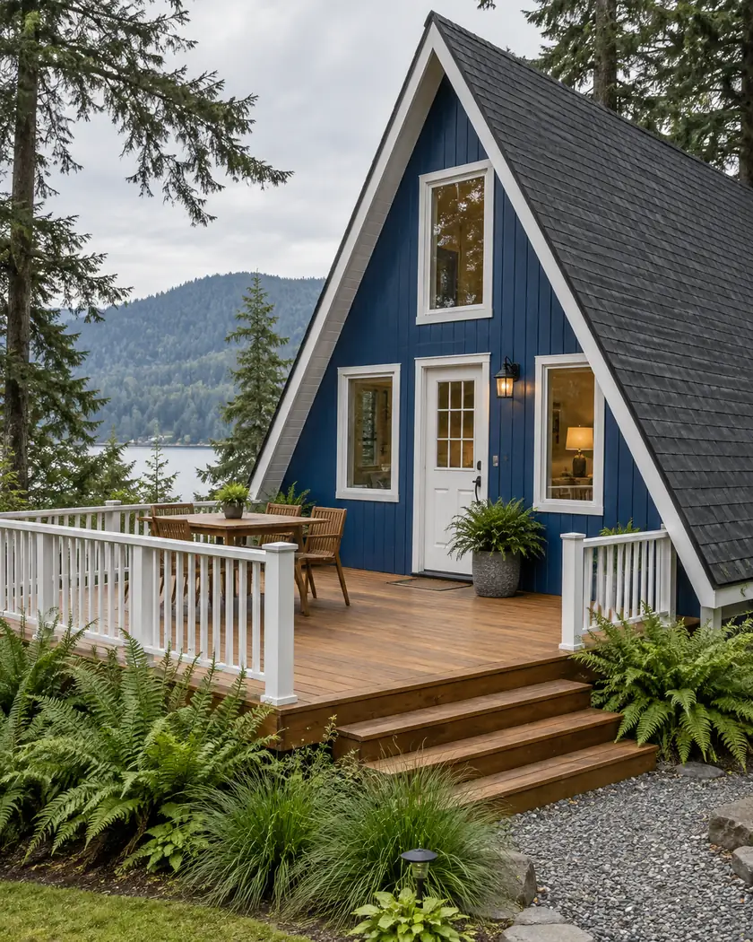 Cedar deck with white vertical railing and a small wood table beside a cobalt-blue chalet wall.