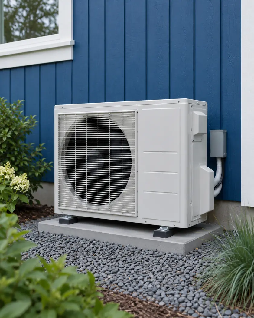 White outdoor heat pump on a level pad beside a cobalt-blue vertical-board wall.