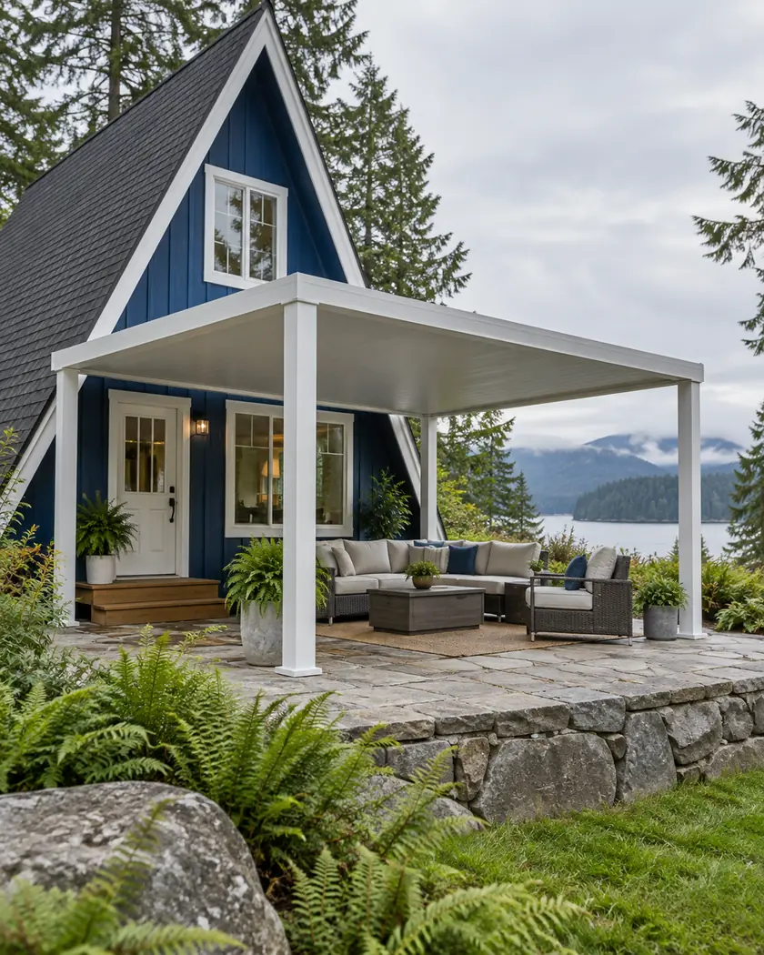 White freestanding patio cover with a solid gray roof and straight posts over a stone seating terrace.