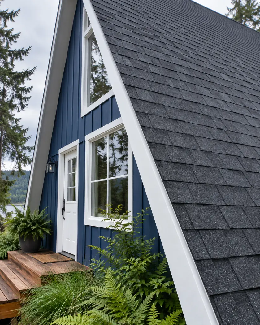 Steep charcoal shingle roof slope with white edge trim above a cobalt-blue chalet wall.