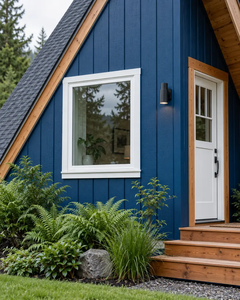 Cobalt-blue vertical cladding beside a white window frame, black wall lamp and cedar trim.