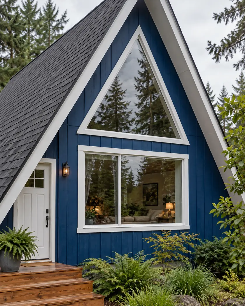 White-framed triangular and rectangular windows in the blue front wall of a chalet.