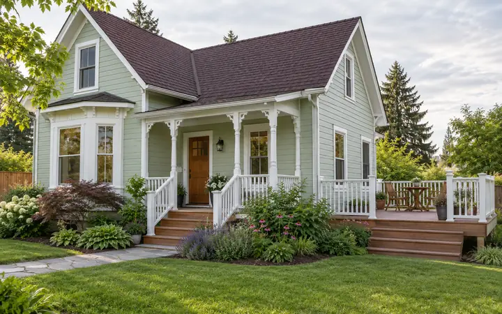 Cedar deck with white picket railing and wood seating beside a mint-green cottage.