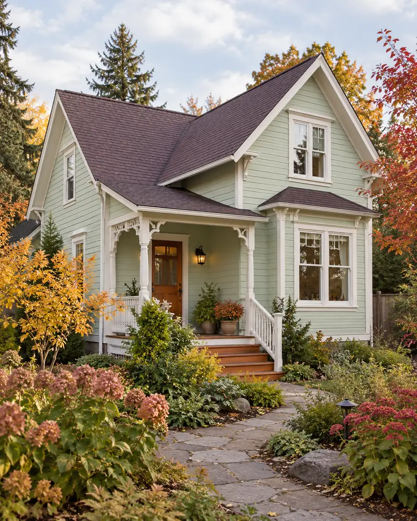 Mint-green cottage with white porch trim, a dark plum cross-gabled shingle roof and a planted garden.