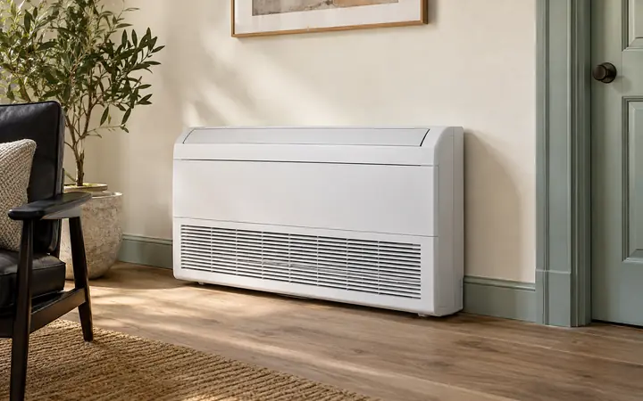 White floor-console heat pump against a cream wall with mint trim and an ash wood floor.