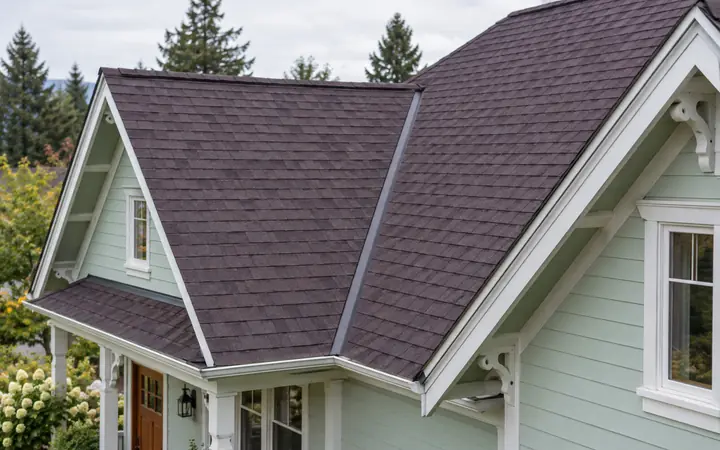 Plum shingle roof slopes meeting at an open metal valley above mint-green siding and white trim.