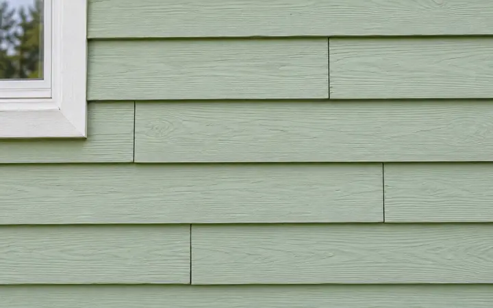 Mint-green horizontal siding with staggered board-end joints beside a white window frame.