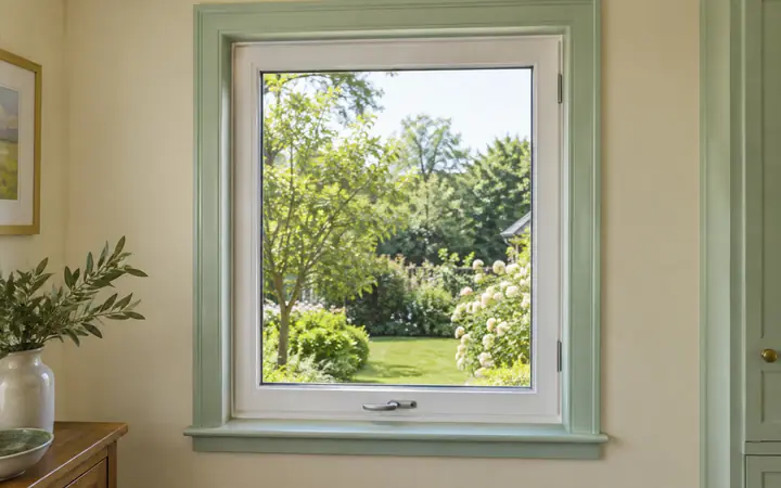 White-framed casement window with operating hardware beside a cream wall and mint trim.