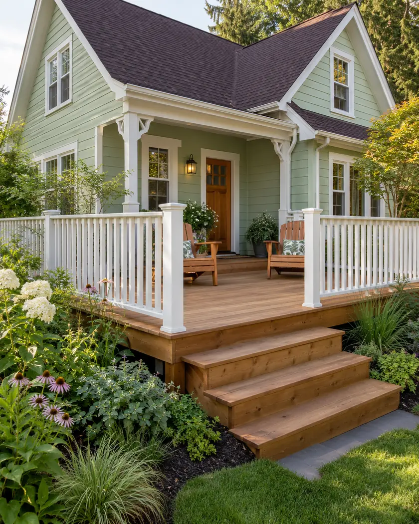 Cedar deck with white picket railing and wood seating beside a mint-green cottage.