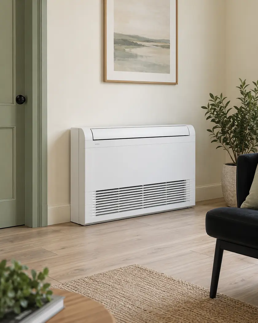 White floor-console heat pump against a cream wall with mint trim and an ash wood floor.