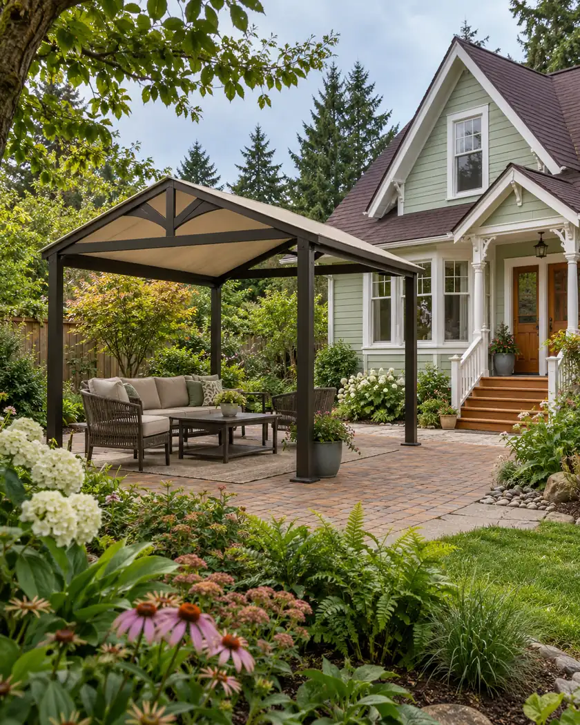 Dark bronze freestanding patio cover with a solid cream gabled roof over a brick seating terrace.