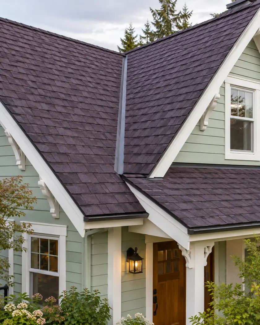Plum shingle roof slopes meeting at an open metal valley above mint-green siding and white trim.
