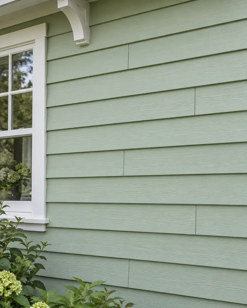 Mint-green horizontal siding with staggered board-end joints beside a white window frame.