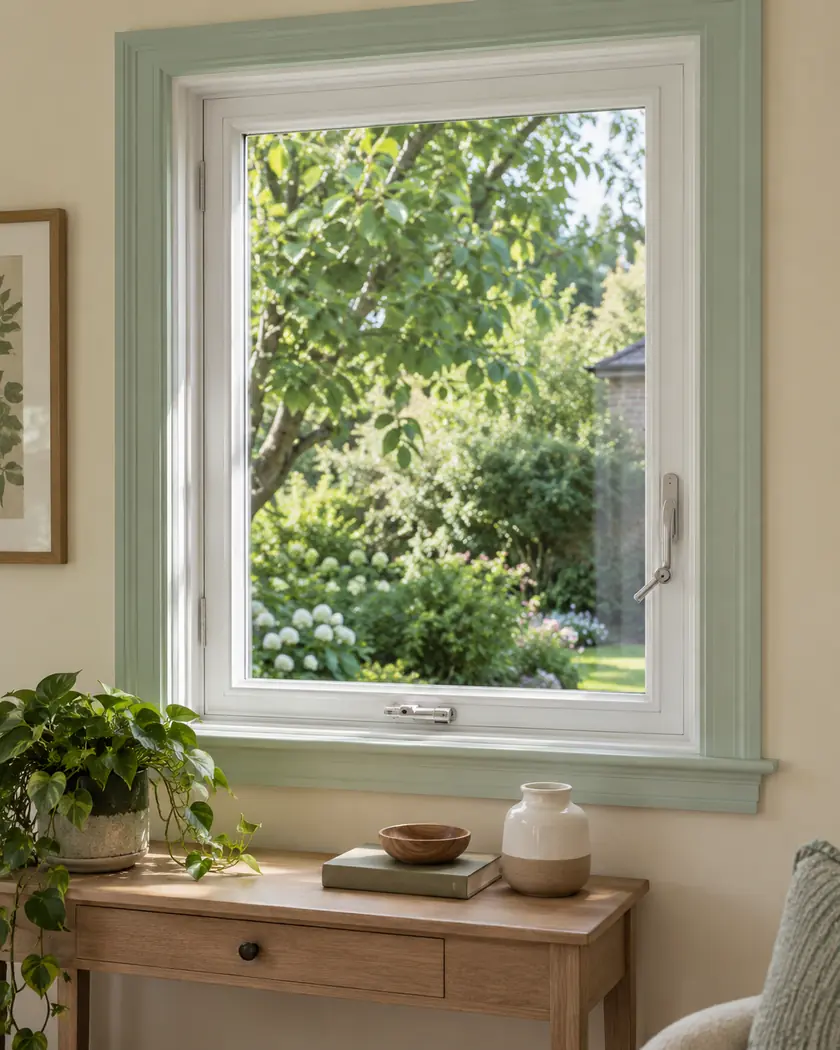 White-framed casement window with operating hardware beside a cream wall and mint trim.