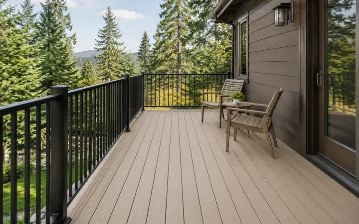 Light tan deck boards with black metal railing and wood seating beside a cocoa-brown wall.