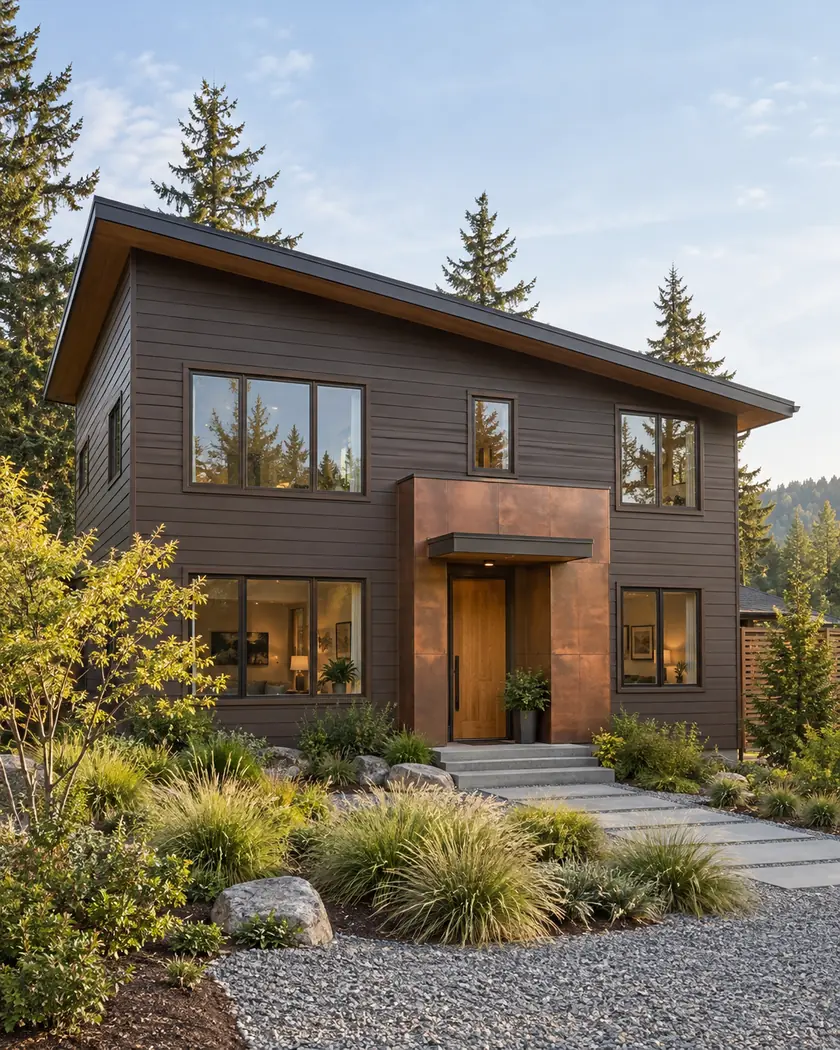 Cocoa-brown modern home with a charcoal shed roof, bronze window frames, copper entry panel and planted gravel garden.