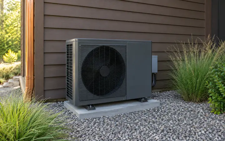 Dark gray outdoor heat pump on a level pad beside cocoa-brown cladding and garden grasses.