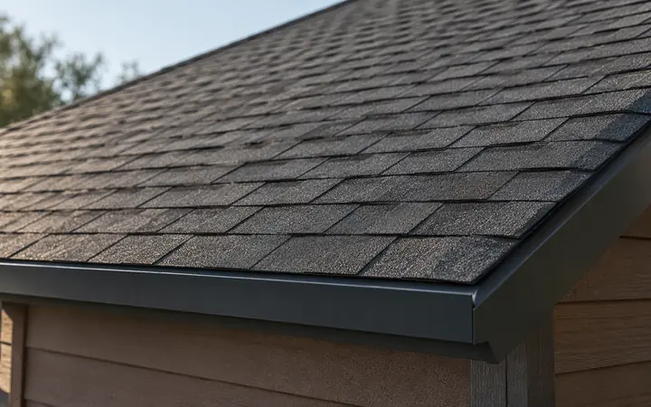 Charcoal asphalt shingle roof surface with dark metal edge trim above cocoa-brown cladding.