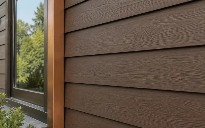 Cocoa-brown horizontal cladding beside a bronze window frame and copper-colored trim.
