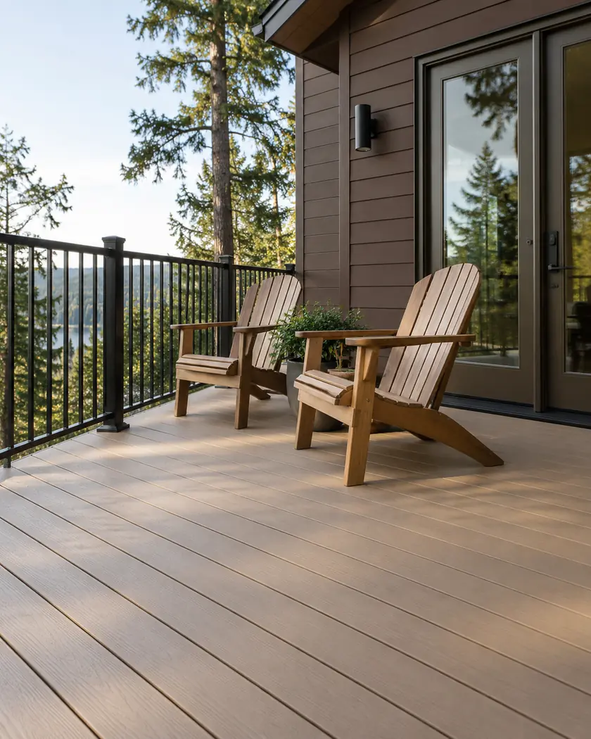 Light tan deck boards with black metal railing and wood seating beside a cocoa-brown wall.