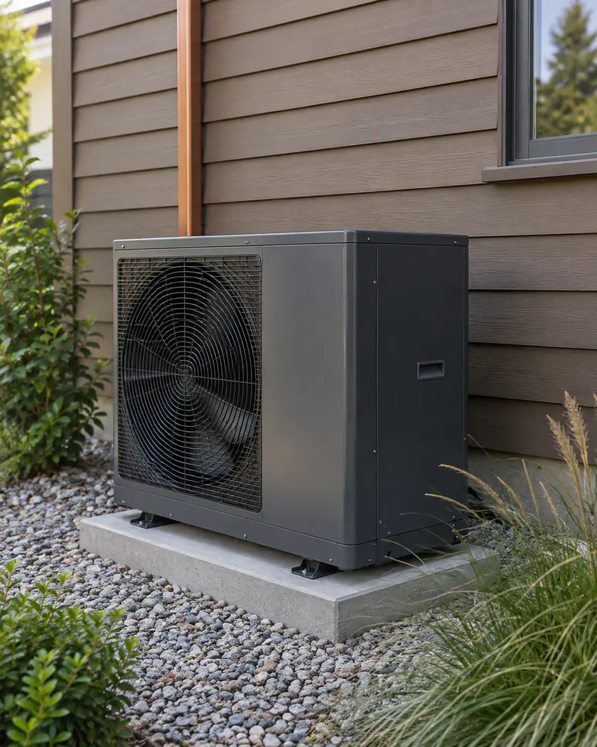 Dark gray outdoor heat pump on a level pad beside cocoa-brown cladding and garden grasses.
