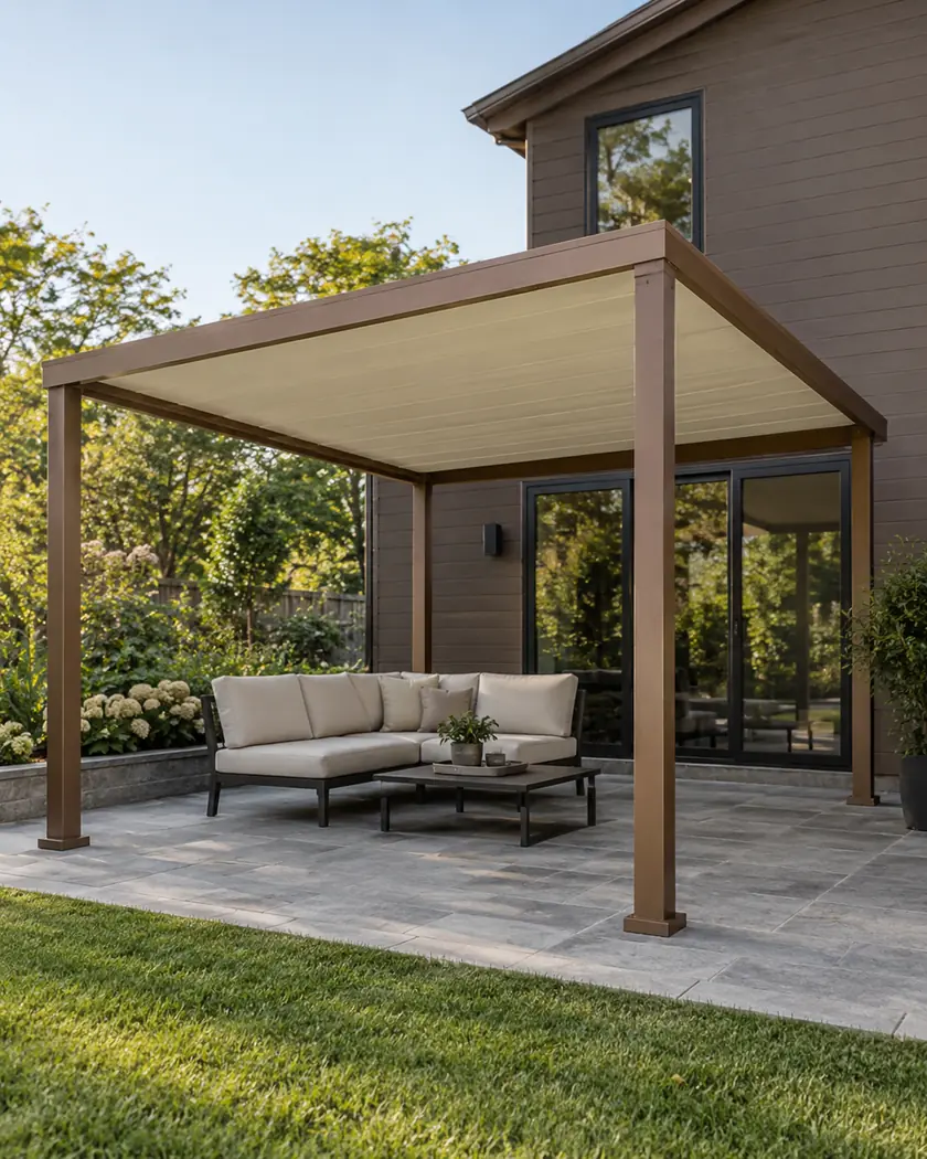 Copper-brown freestanding patio cover with a solid cream shed roof over a gray stone seating terrace.