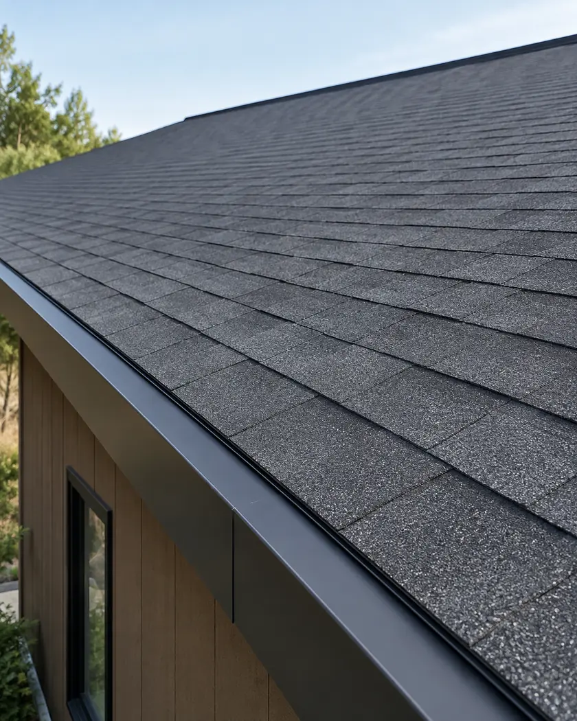 Charcoal asphalt shingle roof surface with dark metal edge trim above cocoa-brown cladding.
