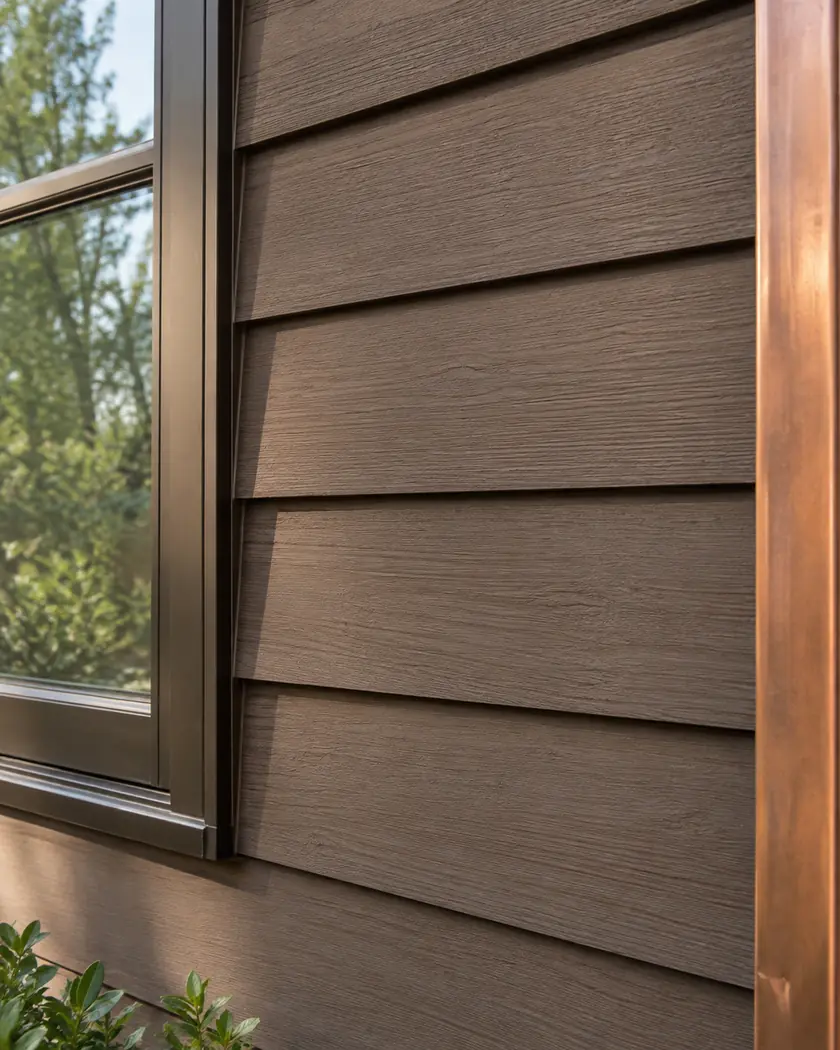 Cocoa-brown horizontal cladding beside a bronze window frame and copper-colored trim.