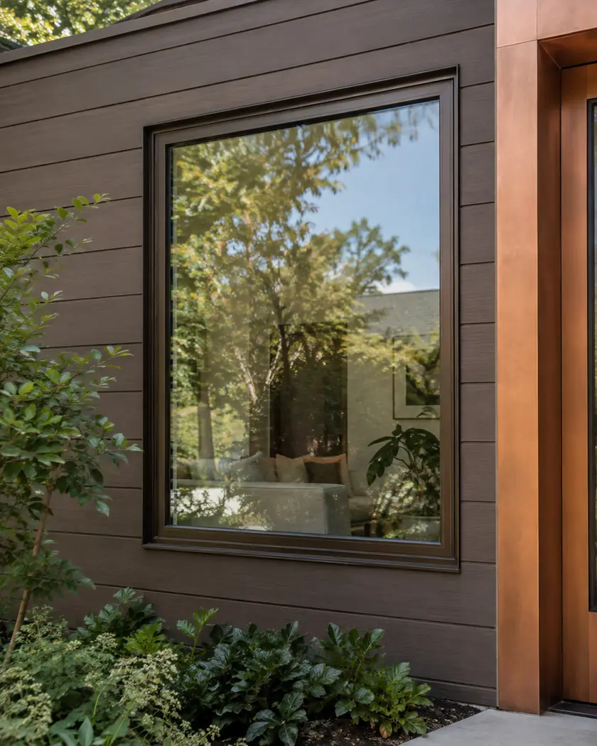 Bronze-framed rectangular window on cocoa-brown cladding beside copper-colored trim.