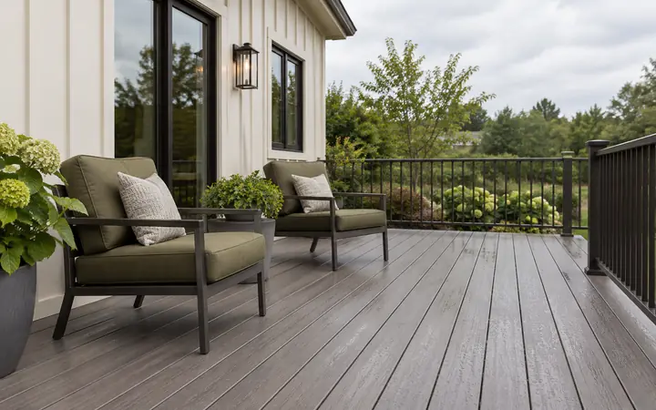 Gray-brown deck boards with bronze picket railing and outdoor seating beside cream vertical cladding.