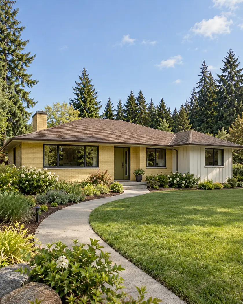 Single-story butter-yellow brick home with a low rust-brown hip roof, bronze windows, olive door and curved garden path.