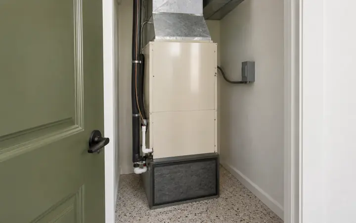 Cream indoor HVAC unit with gray ductwork and a dark base cabinet in an olive-trimmed utility closet.