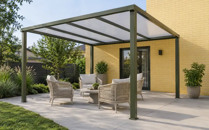 Olive freestanding patio cover with a translucent milky roof above cream chairs on a pale concrete terrace.