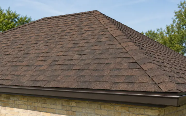 Rust-brown asphalt shingles on a hip roof above a dark bronze edge and butter-yellow brick wall.
