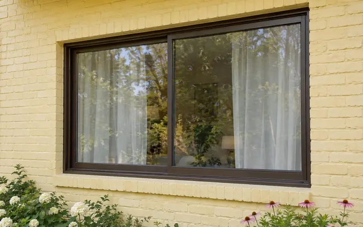 Dark bronze horizontal sliding window in a butter-yellow brick wall with sheer curtains and flowers below.