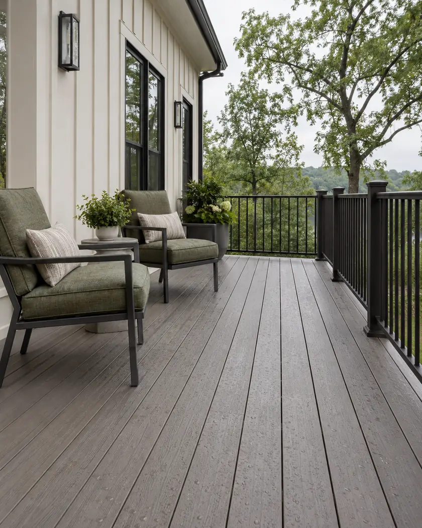 Gray-brown deck boards with bronze picket railing and outdoor seating beside cream vertical cladding.