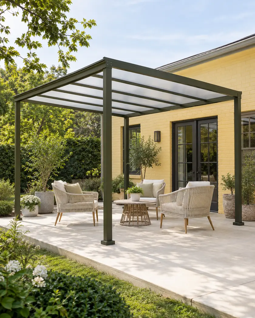 Olive freestanding patio cover with a translucent milky roof above cream chairs on a pale concrete terrace.