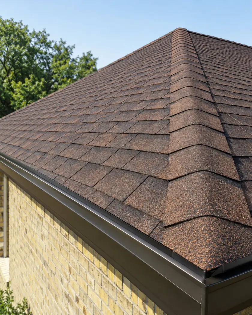 Rust-brown asphalt shingles on a hip roof above a dark bronze edge and butter-yellow brick wall.