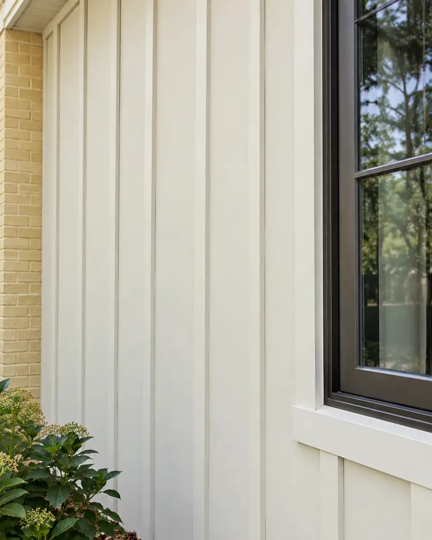 Cream vertical board-and-batten cladding beside bronze window trim and a butter-yellow brick return.