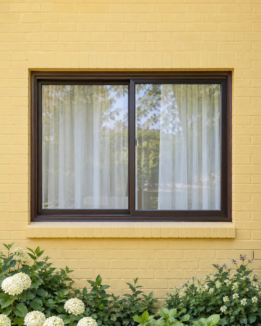Dark bronze horizontal sliding window in a butter-yellow brick wall with sheer curtains and flowers below.