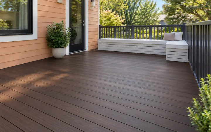 Dark walnut deck boards with a white slatted bench and charcoal railing beside apricot siding.