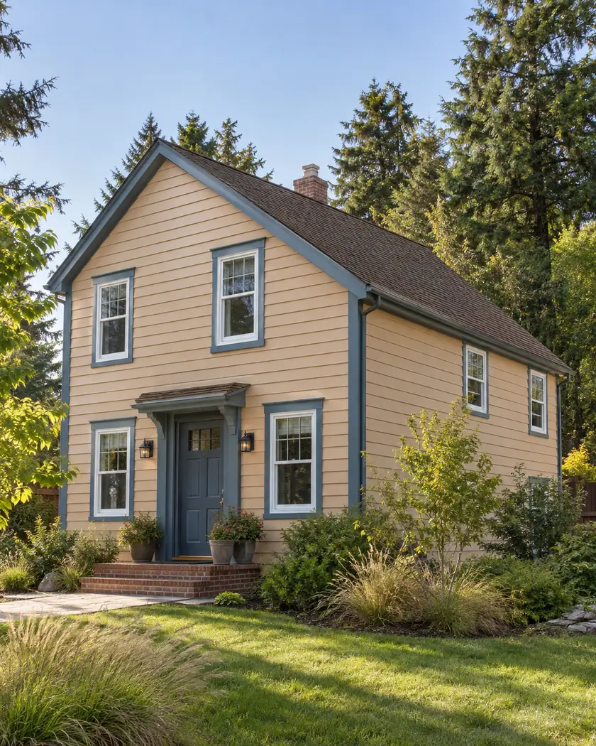 Apricot two-story home with a brown shingle roof, slate-blue trim, white windows and a planted garden.