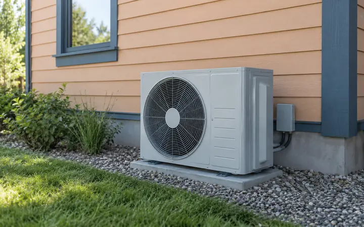 Pale gray outdoor heat pump on a pad beside apricot siding and slate-blue trim with a gravel garden.