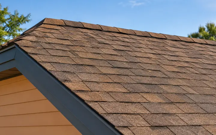 Warm-brown asphalt shingles with a neat ridge and slate-blue roof edge above apricot siding.